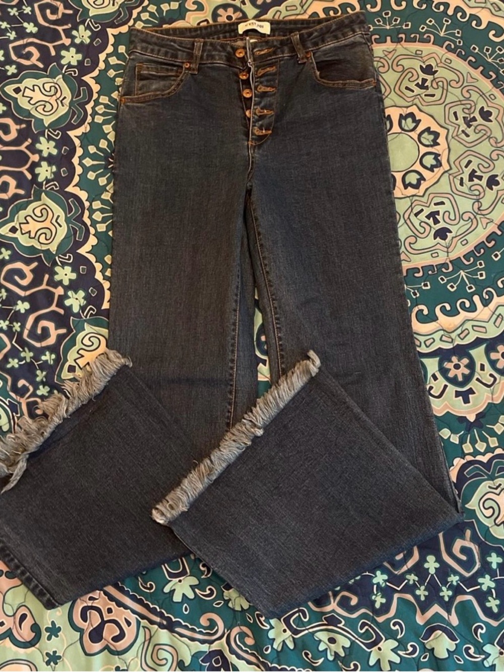 Black Label Dark Blue High-Rise Wide-Leg Jeans with Frayed Hem